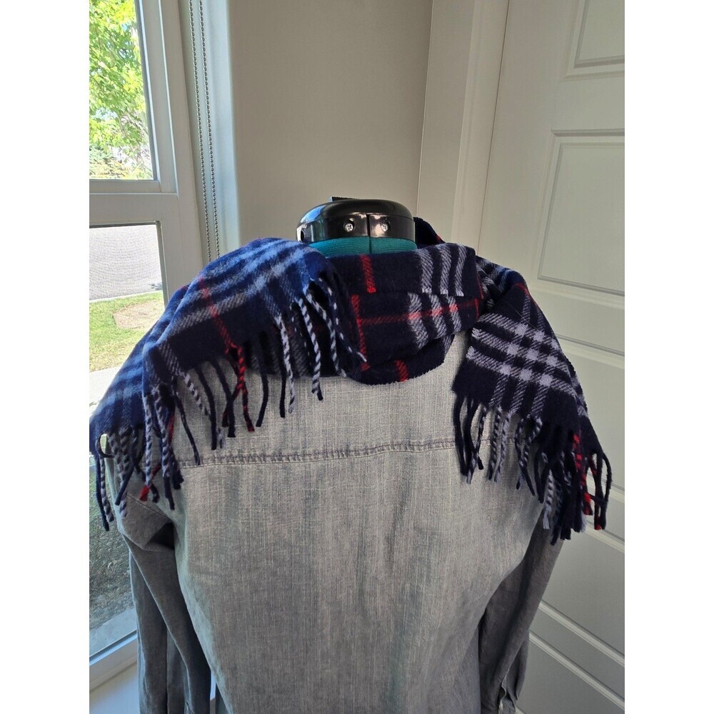 VINTAGE BURBERRYS OF LONDON AUTHENTIC BLUE RED PLAID LAMBSWOOL UNISEX OS 1990s - Picture 4 of 12